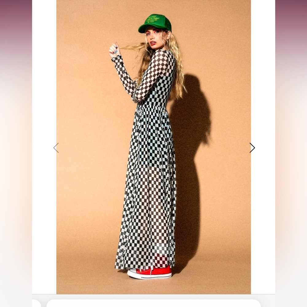 Dressed in Lala -More You Mesh Maxi Dress in Black/White Checkerboard size large